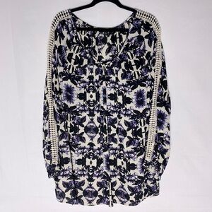 Ellos Black White Floral Blouse with Crochet Detail & Ruffle Cuffs 24